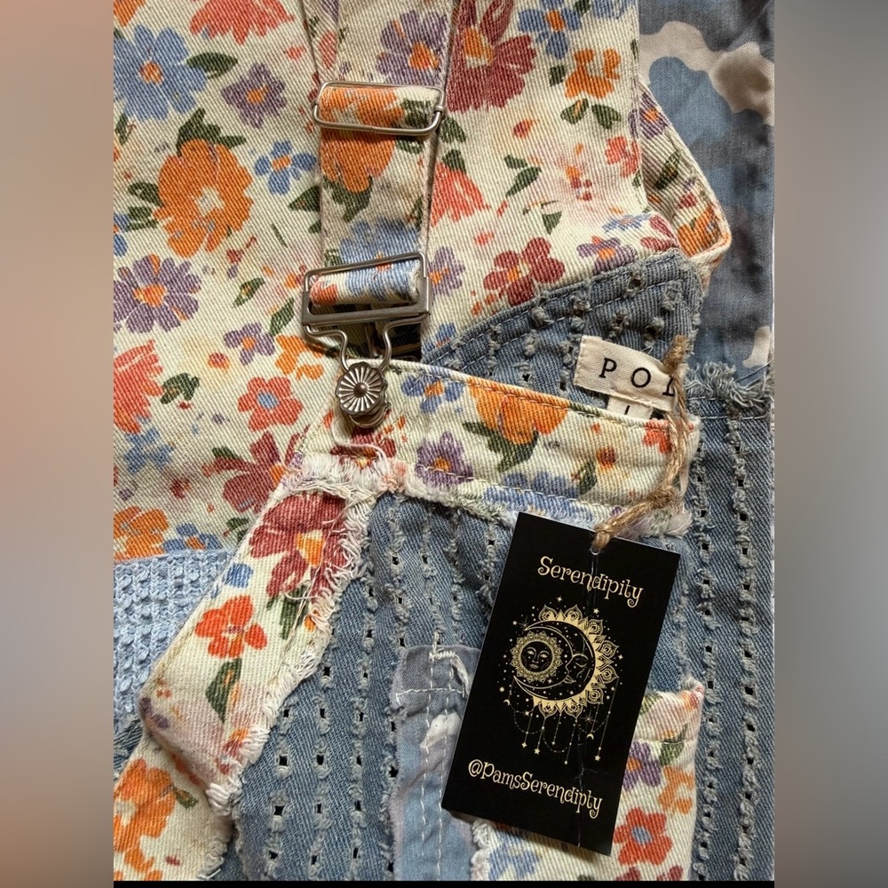 POL- NWT Boho Farm Girl Mixed Fabric Cotton Denim Floral Patch Overalls. - Picture 2 of 10